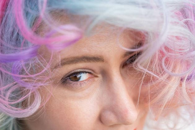 Close-up portrait of Caucasian woman with multi-colored hairstyle. Close-up portrait of Caucasian woman with multi-colored hairstyle, model released, , 97801106.jpg RECORD DATE NOT STATED