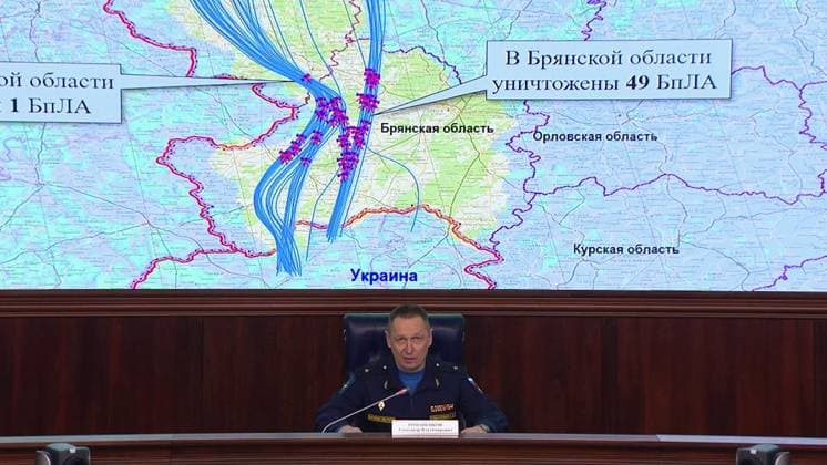 Russia Defence 9082491 31.12.2025 In this handout video grab released by the Russian Defence Ministry, Chief of the Air and Missile Defence Forces of the Russian Aerospace Forces, Major General Alexander Romanenkov gives a press briefing, in Moscow, Russia. The Ukrainian drones used to attack the residence of Russian President Vladimir Putin took off from the Sumy and Chernigov regions on the evening of December 28, but the residence was not damaged after the attack. Sputnik Image is a handout provided by a third party. Editorial use only. No archiving, commercial use, or advertising campaign. Russia  Copyright: xx