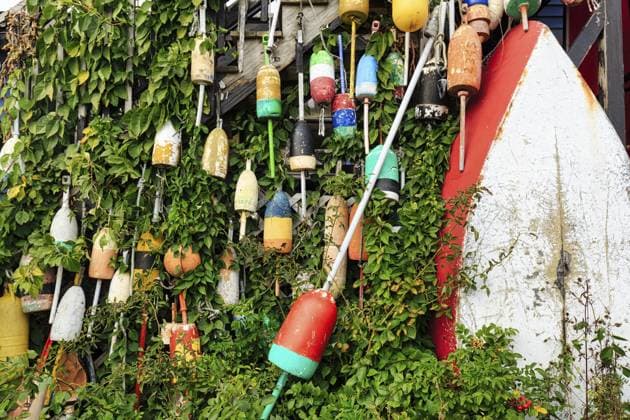 Farbenfrohe Hummerbojen, Boot, Dekoration, Fassadendetail, Fischrestaurant, Spezialität Hummer, Perkins Cove, malerisches Fischerdorf in Ogunquit, Maine, Neuengland, USA Colorful lobster buoys, boat, decoration, facade detail, seafood restaurant, lobster specialty, Perkins Cove, picturesque fishing village in Ogunquit, Maine, New England, USA Copyright: imageBROKER AngelaxtoxRoxel iblato16080235.jpg