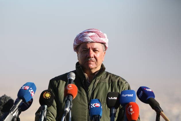 President of KRG Masoud Barzani holds a press conference at Sinjar town MOSUL, IRAQ - NOVEMBER 13: President of KRG Masoud Barzani holds a press conference at the town center as peshmerga forces belonging to the Kurdish Regional Government (KRG) fully gained the control of the Sinjar town of Mosul, Iraq after an operation carried out to clear the region from Daesh terrorists on November 13, 2015. Sincar Ninawa. Editorial use only. Please get in touch for any other usage.  Copyright: x2025xAnadoluxYunusxKeleÅüx