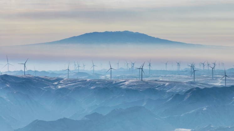 Wind Power Generation QINGTONGXIA, CHINA - JANUARY 2, 2026 - Wind turbines stand on the mountain peak at Niushou Mountain Wind Farm in Qingtongxia City, Ningxia Hui Autonomous Region, China on January 2, 2026. Qingtongxia Ningxia China  Copyright: xCFOTOx i1767401566705