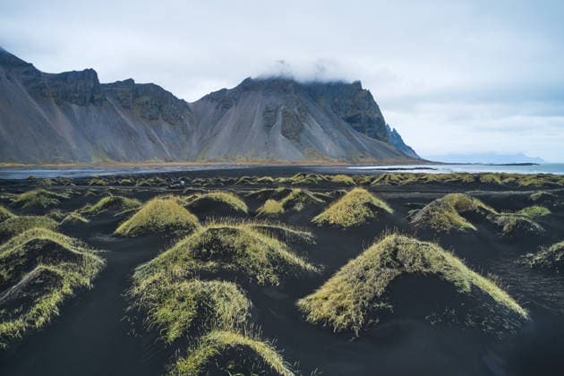Creative Highlights World Grassy Mounds and Black Sand Beach at Vestrahorn Vik, Mýrdalshreppur, Iceland CR_GASU260104-1929931-01