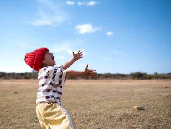 young boy playing in wide open field under blue sky on sunny day Saint Paul, Minnesota, United States R_WDJM260104-1928276-01 ,model released, Symbolfoto