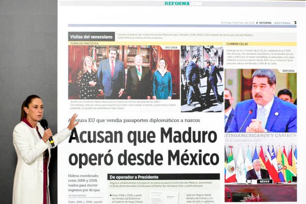 Mexico™s President Claudia Sheinbaum Holds Briefing About Nicolas Maduro Mexico™s President Claudia Sheinbaum Pardo, speaks about the arrest of President Nicolas Maduro by US forces in a military operation for conspiracy to commit narcoterrorism during a news conference at National Palace. on January 5, 2026 in Mexico City, Mexico. (Photo by Luis Barron Eyepix Group) Copyright: xLuisxBarronx xEyepixxGroupx LB_05012026_174512