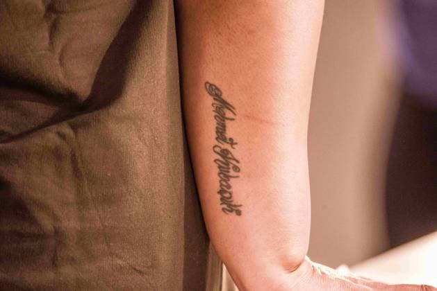 Families of National Socialist Underground NSU Terror Cell Victims Speak July 10, 2018 - Munich, Bavaria, Germany - The arm of Gamze Kubasik (daughter of the murdered Mehmet Kubasik) with the tattoo of his name on her arm. One day before the so-called Ã¢â‚¬oeTag XÃ¢â‚¬Â? (Day X) where the decision against alleged neo-nazi terrorist Beate Zchaepe will be delivered, the families of the victims of the National Socialist Underground terror cell in Germany held a press conference. Abdulkerim Simsek (Sohn des in NoÂ¼rnberg erschossenen Enver Simsek), Gamze Kubasik (Tochter des in Dortmund ermordeten Mehmet Kubasik) und Arif S. (Betroffener des Nagelbombenanschlags in der KoÂ¶lner KeupstraoÅ¸e). Sebastian Scharmer lawyer representing the famil Copyright: xSachellexBabbarx