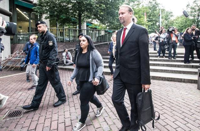 Neo-Nazi Terrorist Beate Zschape Found Guilty July 11, 2018 - Munich, Bavaria, Germany - GAMSE KUBASIK, daughter of MEHMET KUBASIK arrives for the trial conclusion. After five years and some 400 process days, German neo-nazi terrorist Beate Zschape (ZschoÂ¤pe) was given a life sentence with a special classification of severe criminality that will make her minimum incarceration 21 years. Further defendants such as Andre Eminger received only 2.5 years, despite playing a material role in the Nationalist Socialist Underground network. Numerous neo-Nazis were in the courtroom, including convicted terrorist Karl-Heinz Statzberger. The group cheered at the light sentence given to Eminger, while the families who sobbed were admonished by the Copyright: xSachellexBabbarx