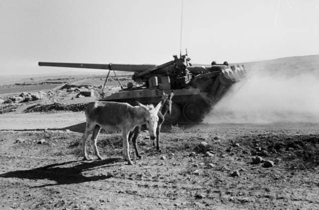 Ein israelischer Panzer mit schwerem Geschütz zieht auf einer staubigen Nachschubstraße der Golanhöhen an einem Esel und seinem Fohlen vorbei während des Jom-Kippur-Krieges 1973. Golan-Höhen Syrien *** a Israeli Tanks with heavy Gun pulls at a dusty Supply line the Golan Heights to a Donkey and his Foals by during of Jom KIPPUR War 1973 Golan Heights Syria Copyright: xUnitedxArchivesx xSvenxSimonxArchives SVS_94010002367