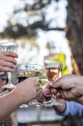 IMAGO Creative, Lifestyle, Feste im Garten #2 Friends raising glasses toasting at outdoor celebration dinner Fort Collins, Colorado, United States R_YVOQ260106-1920772-01 ,model released, Symbolfoto