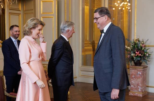 Belgian Foreign Minister Maxime Prevot,, Queen Mathilde of Belgium, King Philippe - Filip of Belgium and De Wever s Chief of Cabinet Pascal Heyman pictured during a reception for the heads of diplomatic missions accredited to Belgium and their spouses, at the Royal Palace, in Brussels, on Thursday 08 January 2026.  BENOITxDOPPAGNE 154491999