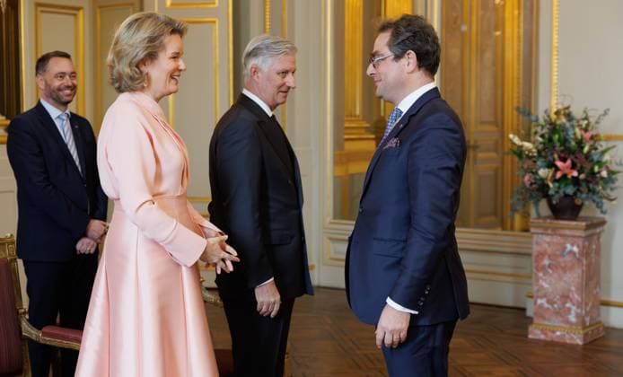 Federal Minister Maxime Prevot, Queen Mathilde of Belgium, King Philippe - Filip of Belgium and Prevot s Chief of Cabinet Hubert Roisin pictured during a reception for the heads of diplomatic missions accredited to Belgium and their spouses, at the Royal Palace, in Brussels, on Thursday 08 January 2026.  BENOITxDOPPAGNE 154492300