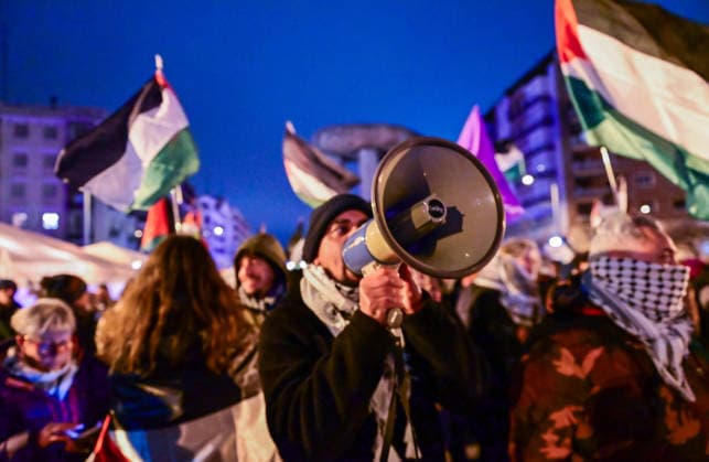 January 8, 2026, Madrid, Madrid, SPAIN: Public demonstration opposing the basketball game between Maccabi Tel-Aviv and Real Madrid. Protesters denounce the normalization of the conflict and reject the hosting of sporting events linked to the State of Israel. The protest took place at Plaza Salvador DaloÂ­, with slogans such as Ã¢â‚¬oeYou donÃ¢â‚¬â ¢t play with genocide. Madrid SPAIN - ZUMAz108 20260108_znp_z108_107 Copyright: xRichardxZubelzux