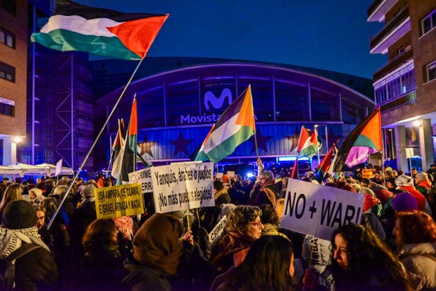 January 8, 2026, Madrid, Madrid, SPAIN: Public demonstration opposing the basketball game between Maccabi Tel-Aviv and Real Madrid. Protesters denounce the normalization of the conflict and reject the hosting of sporting events linked to the State of Israel. The protest took place at Plaza Salvador DaloÂ­, with slogans such as Ã¢â‚¬oeYou donÃ¢â‚¬â ¢t play with genocide. Madrid SPAIN - ZUMAz108 20260108_znp_z108_116 Copyright: xRichardxZubelzux