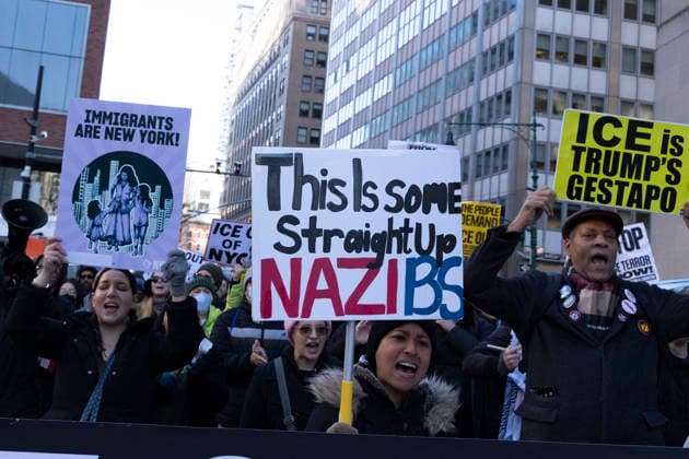 January 8, 2026, New York, New York, USA: Anti-ICE demonstrators march through Lower Manhattan from Foley Square to One World Trade Center to protest outside of Department of Homeland Security Secretary K. Noem s press conference. Protesters hold signs that read This Is some Straight Up NAZI BS IMMIGRANTS ARE NEW YORK! ICE is TRUMP S GESTAPO. Noem s New York City appearance occurs the day following the shooting and killing of R. Good, a legal observer in Minneapolis by an ICE agent. Hands Off New York City and coalition members demonstrate in solidarity with people in Minneapolis and across the country who are standing up to ICE. New York USA - ZUMAr174 20260108_znp_r174_040 Copyright: xGinaxMxRandazzox