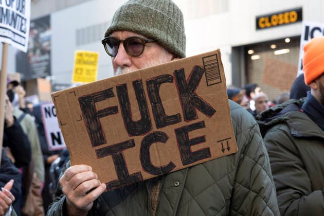 January 8, 2026, New York, New York, USA: Anti-ICE demonstrators picket outside of Department of Homeland Security Secretary K. Noem s press conference at One World Trade Center in Lower Manhattan. A protester holds a sign that reads FUCK ICE. Noem s New York City appearance occurs the day following the shooting and killing of R. Good, a legal observer in Minneapolis by an ICE agent. Hands Off New York City and coalition members demonstrate in solidarity with people in Minneapolis and across the country who are standing up to ICE. New York USA - ZUMAr174 20260108_znp_r174_041 Copyright: xGinaxMxRandazzox