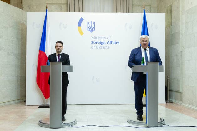 Minister of Foreign Affairs of Ukraine Andrii Sybiha (R) and Deputy Prime Minister, Minister of Foreign Affairs and Minister for the Environment of the Czech Republic Petr Macinka, who is on his first official visit to Ukraine, hold a joint news conference following their meeting, Kyiv, Ukraine, January 9, 2026. The officials discussed a wide range of bilateral issues, including defence cooperation and the continued implementation of the Czech Ammunition Initiative. (Photo by Kirill Chubotin Ukrinform) News conference of Ukrainian and Czech FMs in Kyiv  Copyright: xKirillxChubotinx