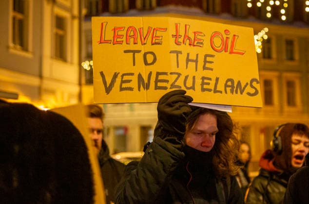 (260109) -- RIGA, Jan. 9, 2026 -- People attend a protest condemning U.S. attack on Venezuela in Riga, Latvia, Jan. 9, 2026. (Photo by Edijs Palens Xinhua) LATVIA-RIGA-U.S.-VENEZUELA-PROTEST ChenxYufen 