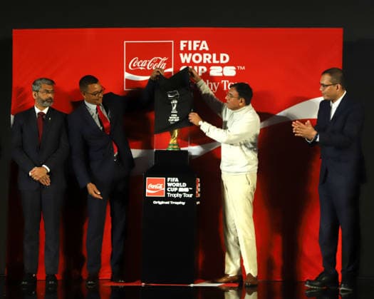January 10, 2026, New Delhi, New Delhi, India: NEW DELHI, INDIA January 10, 2026: Union Minister of Youth Affairs and Sports Dr. Mansukh Mandaviya joins former Brazilian World Cup winner Gilberto D™Silva, sports historian Boria Majumdar, FIFA officials and Coca-Cola India leadership during the official unveiling of the original FIFA World Cupâ ¢ Trophy at the launch of the FIFA World Cupâ ¢ Trophy Tour in New Delhi. The event marks the Trophy™s arrival in India as part of the global tour ahead of the FIFA World Cupâ ¢..Photog: .City: New Delhi.Country: India.Category: INT New Delhi India - ZUMAd288 20260110_zip_d288_009 Copyright: xDeepakx