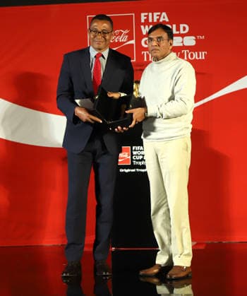 January 10, 2026, New Delhi, New Delhi, India: NEW DELHI, INDIA January 10, 2026: Union Minister of Youth Affairs and Sports Dr. Mansukh Mandaviya joins former Brazilian World Cup winner Gilberto D™Silva, sports historian Boria Majumdar, FIFA officials and Coca-Cola India leadership during the official unveiling of the original FIFA World Cupâ ¢ Trophy at the launch of the FIFA World Cupâ ¢ Trophy Tour in New Delhi. The event marks the Trophy™s arrival in India as part of the global tour ahead of the FIFA World Cupâ ¢.Photog: City: New DelhiCountry: IndiaCategory: INT New Delhi India - ZUMAd288 20260110_zip_d288_017 Copyright: xDeepakx