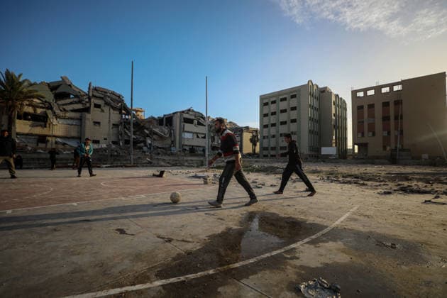 Displaced Palestinian youths play football on a destroyed pitch inside the devastated Islamic University in central Gaza City Displaced Palestinian youths play football on a destroyed pitch inside the devastated Islamic University in central Gaza City on January 10, 2026, trying to find moments of normalcy amidst the ongoing destruction and conflict in the Gaza Strip. Photo by Omar Ashtawy apaimages Gaza city Gaza Strip Palestinian Territory 100126_Gaza_OSH_00(1) Copyright: xapaimagesxOmarxAshtawyx xapaimagesx