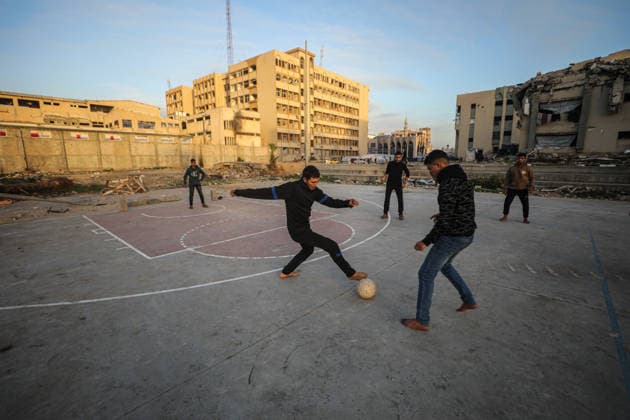 Displaced Palestinian youths play football on a destroyed pitch inside the devastated Islamic University in central Gaza City Displaced Palestinian youths play football on a destroyed pitch inside the devastated Islamic University in central Gaza City on January 10, 2026, trying to find moments of normalcy amidst the ongoing destruction and conflict in the Gaza Strip. Photo by Omar Ashtawy apaimages Gaza city Gaza Strip Palestinian Territory 100126_Gaza_OSH_00(18) Copyright: xapaimagesxOmarxAshtawyx xapaimagesx