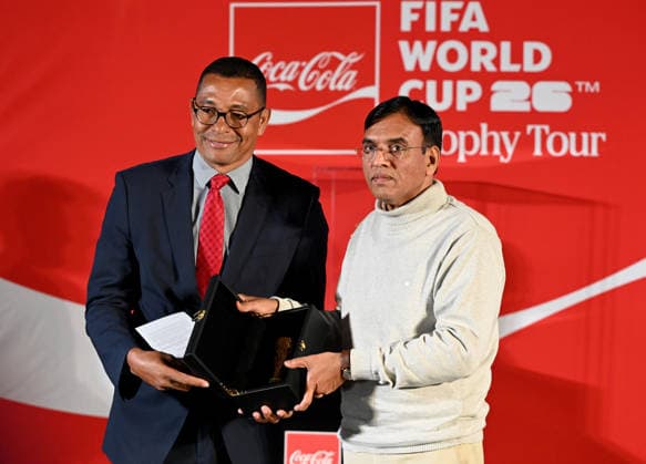NEW DELHI, INDIA - JANUARY 10: Gilberto Aparecido da Silva, Brazilian former footballer with Union Minister Mansukh Mandaviya during the unveiling of the FIFA World Cup Trophy, on January 10, 2026 in New Delhi, India. Ahead of the FIFA World Cup 2026, with the tournament set to kick off on June 11, the original trophy arrived in India as part of its world tour. During its three-day India tour, the trophy will be in Delhi for two days before being taken to Guwahati in Assam. (Photo by Ishant Chauhan Hindustan Times ) FIFA World Cup Trophy Arrives In India On Trophy Tour, Unveiled In Delhi