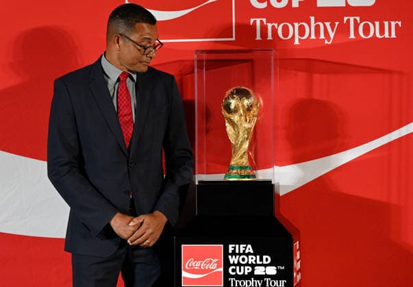 NEW DELHI, INDIA - JANUARY 10: Gilberto Aparecido da Silva, Brazilian former footballer poses for the picture with the FIFA World Cup Trophy, on January 10, 2026 in New Delhi, India. Ahead of the FIFA World Cup 2026, with the tournament set to kick off on June 11, the original trophy arrived in India as part of its world tour. During its three-day India tour, the trophy will be in Delhi for two days before being taken to Guwahati in Assam. (Photo by Sunil Ghosh Hindustan Times ) FIFA World Cup Trophy Arrives In India On Trophy Tour, Unveiled In Delhi
