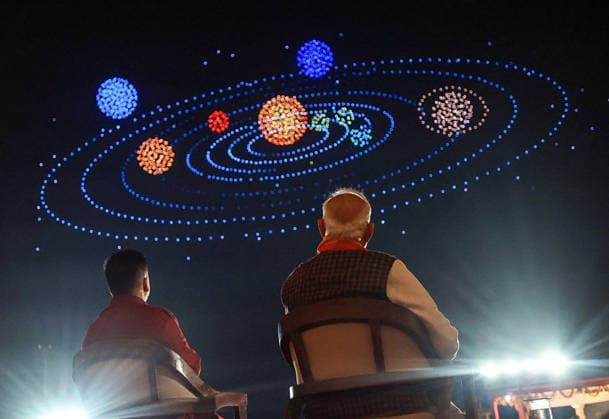 RECORD DATE NOT STATED PM Narendra Modi Witnesses Grand Drone Show at Somnath Temple during Somnath Swabhiman Parv Gir Somnath, Jan 10 (ANI): Prime Minister Narendra Modi witnesses a grand and divine drone show at the Somnath Temple complex on the occasion of Somnath Swabhiman Parv, in Gir Somnath on Saturday. Gujarat Home Minister Harsh Sanghavi also present. (@narendramodi X ANI Photo) Gir Somnath Gujarat India Copyright: xANIx ANI_20260110427