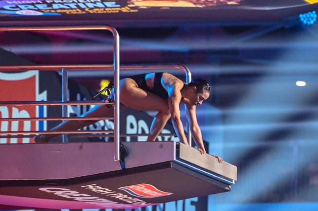 10.01.2026, xlakx, Entertainment, TV Total Turmspringen v.l. Annabelle Mandeng Schauspielerin wagt sich bei der 15. Ausgabe des TV Total Turmspringen in Berlin von den Sprungbrettern der Schwimm- und Sprunghalle im Europasportpark (SSE) ein spektakulaeres Highlight der Show auf ProSieben. Berlin