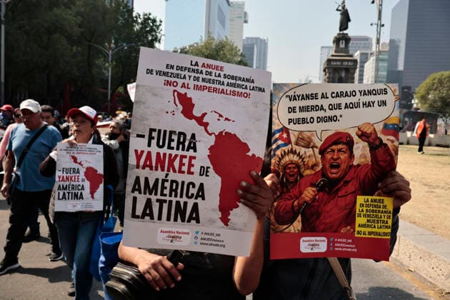 January 10, 2026, Mexico City, Cdmx, Mexico: Mexican protesters and social organizations are demonstrating against the actions of US President DONALD TRUMP against Venezuela and its former president, NICOLAS MADURO. With posters, giant banners, and Venezuelan flags, they are showing their support for MADURO and his vice president, DELCY RODRIGUEZ, who has assumed the presidency due to the country s situation. Chanting slogans like Yankees out of Latin America and Trump, imperialist terrorist, the protesters are demanding the immediate release of NICOLAS MADURO, whom they claim is being held captive by DONALD TRUMP. This comes as protests against these actions spread worldwide, with many believing TRUMP S true objective is to seize V - ZUMAp204 20260110_zip_p204_004 Copyright: xJosuexPerezx