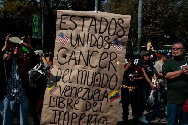 January 10, 2026, Mexico City, Cdmx, Mexico: Mexican protesters and social organizations are demonstrating against the actions of US President DONALD TRUMP against Venezuela and its former president, NICOLAS MADURO. With posters, giant banners, and Venezuelan flags, they are showing their support for MADURO and his vice president, DELCY RODRIGUEZ, who has assumed the presidency due to the country s situation. Chanting slogans like Yankees out of Latin America and Trump, imperialist terrorist, the protesters are demanding the immediate release of NICOLAS MADURO, whom they claim is being held captive by DONALD TRUMP. This comes as protests against these actions spread worldwide, with many believing TRUMP S true objective is to seize V - ZUMAp204 20260110_zip_p204_035 Copyright: xJosuexPerezx