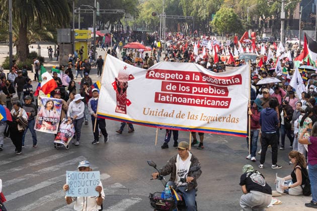 January 10, 2026, Mexico City, Mexico: Hundreds of people joined the March against Imperialism, from the Angel of Independence to Plaza Palestina Libre, following the capture of NICOLAS MADURO and his wife, CILIA FLORES, by US forces. Demonstrators expressed solidarity with the Venezuelan people. Mexico City Mexico - ZUMAl178 20260110_znp_l178_044 Copyright: xCristianxLeyvax