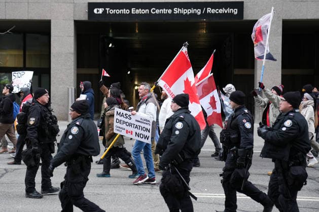 11 arrested at anti-immigration rally and counter-demonstration in Toronto TORONTO, CANADA - JANUARY 10 : Participants wave Canadian flags as they gather for Canada First rally in Toronto, Ontario on January 10, 2026. Canada First protestors and counter demonstrators gathered at Nathan Phillips Square and marched in downtown Toronto. Clashes broke out between police and protesters, eleven protesters arrested. Mert Alper Dervis Anadolu Ontario Canada. Editorial use only. Please get in touch for any other usage.  Copyright: x2026xAnadoluxMertxAlperxDervisx