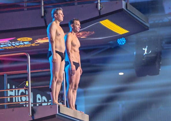 10.01.2026, xlakx, Entertainment, TV Total Turmspringen v.l. Steffen Groth Schauspieler, Peter Imhof Moderator bei der 15. Ausgabe des TV Total Turmspringen in Berlin von den Sprungbrettern der Schwimm- und Sprunghalle im Europasportpark (SSE) ein spektakulaeres Highlight der Show auf ProSieben. Berlin