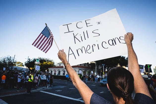January 10, 2026, St. Petersburg, Florida, USA: A coalition of activist groups, including The Party for Socialism and Liberation, Students for a Democratic Society, 50501 Florida and other immigrant rights groups rallied together and protested the killing of Minneapolis, Minnesota resident Renee Nicole Good at the headquarters of the St. Petersburg Police Department which is assisting ICE locally via a 287g agreement. St. Petersburg USA - ZUMAd256 20260110_znp_d256_010 Copyright: xDavexDeckerx