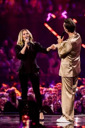 abb: Florian Silbereisen Moderator und Helene Fischer Saengerin auf der Buehne bei der ARD TV LIve Sendung bei den Schlagerchampions 2026 Das Grosse Fest der Besten auf der Buehne im Velodrom am 10.01.2026 in Berlin Berlin Germany