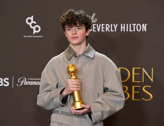 Owen Cooper appears backstage after winning the award for Best Performance by a Male Actor in a Supporting Role on Television award for Adolescence during the 83rd annual Golden Globe Awards at the Beverly Hilton in Beverly Hills, California on Sunday, January 11, 2026.  LAP20260111201 JIMxRUYMEN