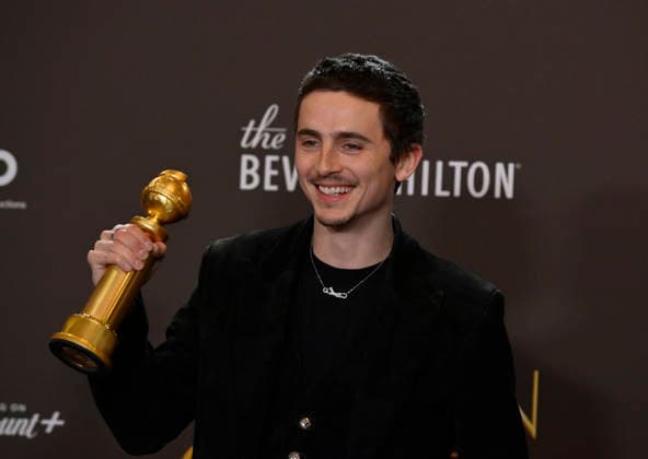 TimothÃ e Chalamet appears backstage after winning the award for Best Performance by a Male Actor in a Motion Picture Musical or Comedy award for Marty Supreme during the 83rd annual Golden Globe Awards at the Beverly Hilton in Beverly Hills, California on Sunday, January 11, 2026.  LAP2026011234 JIMxRUYMEN