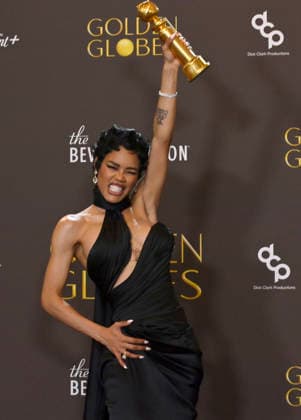 Teyana Taylor appears backstage after winning the award for Best Performance by a Female Actor in a Supporting Role in any Motion Picture award for One Battle After Another during the 83rd annual Golden Globe Awards at the Beverly Hilton in Beverly Hills, California on Sunday, January 11, 2026.  LAP202601112226 JIMxRUYMEN