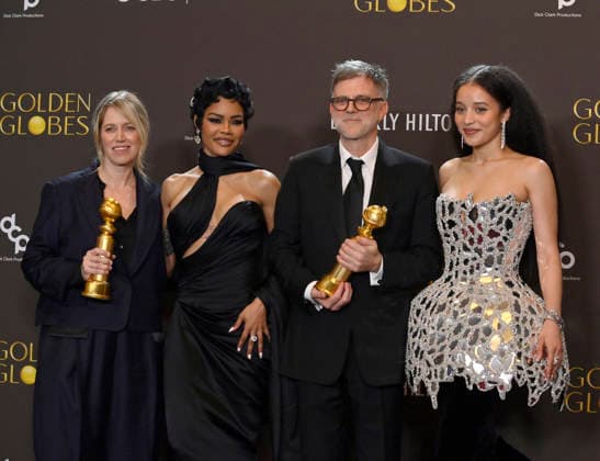 Sara Murphy, Teyana Taylor, Paul Thomas Anderson, and Chase Infiniti appear backstage after winning the award for Best Motion Picture - Musical or Comedy award for One Battle After Another during the 83rd annual Golden Globe Awards at the Beverly Hilton in Beverly Hills, California on Sunday, January 11, 2026.  LAP20260111715 JIMxRUYMEN