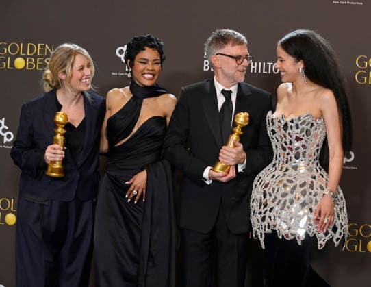 Sara Murphy, Teyana Taylor, Paul Thomas Anderson, and Chase Infiniti appear backstage after winning the award for Best Motion Picture - Musical or Comedy award for One Battle After Another during the 83rd annual Golden Globe Awards at the Beverly Hilton in Beverly Hills, California on Sunday, January 11, 2026.  LAP20260111716 JIMxRUYMEN