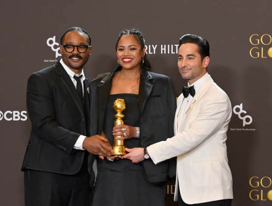 Ryan Coogler, Zinzi Coogler, and Sev Ohanian appear backstage after winning the award for Cinematic and Box Office Achievement award for Sinners during the 83rd annual Golden Globe Awards at the Beverly Hilton in Beverly Hills, California on Sunday, January 11, 2026.  LAP20260111723 JIMxRUYMEN