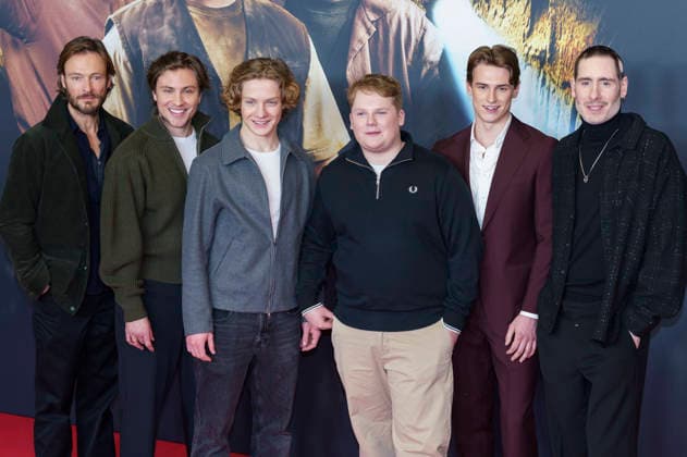 Andreas Pietschmann, Jannik Schümann, Levi Brandl, Julius Weckauf, Nevio Wendt und Tim Dünschede bei der Premiere des Kinofilms Die drei ??? - Toteninsel im Mathäser Filmpalast. München, 11.01.2026