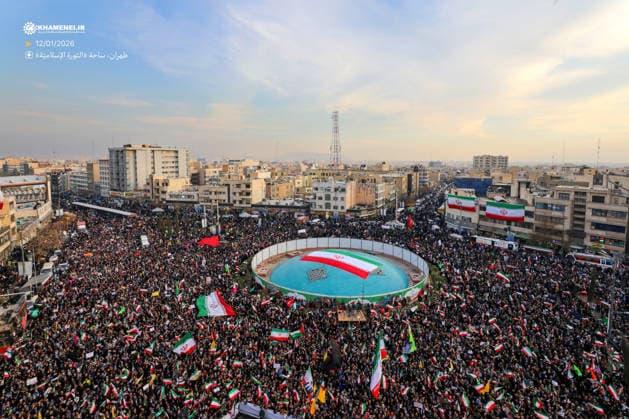 Iranian protesters participated in a pro-government rally in Tehran, Iran, on Monday, January 12, 2026. The rally was held in Tehran in response to the recent anti-government unrest, expressing opposition to the U.S. and Israel, and showing support for Supreme Leader Ayatollah Ali Khamenei.  IRN2026011202 IranianxLeader sxPressxOffice
