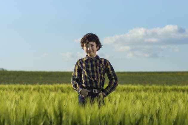 Ein Junge in Jeans und Hemd steht auf dem Feld, Ahrensfelde, Deutschland A boy in jeans and a shirt is standing in the field, Ahrensfelde, Germany Copyright: imageBROKER SergeyxKohl ibxiqx15991081.jpg ,model released, Symbolfoto ,property released