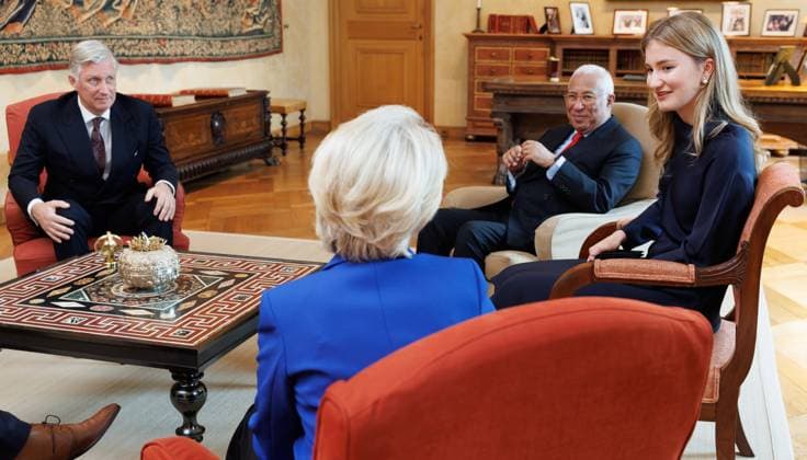 King Philippe - Filip of Belgium, European Commission president Ursula Von der Leyen, European Council President Antonio Costa and Crown Princess Elisabeth pictured prior to a reception for the heads of European institutions and permanent representatives accredited to the European Union, at the Royal Palace, in Brussels, on Tuesday 13 January 2026.  POOLxBENOITxDOPPAGNE 155577382