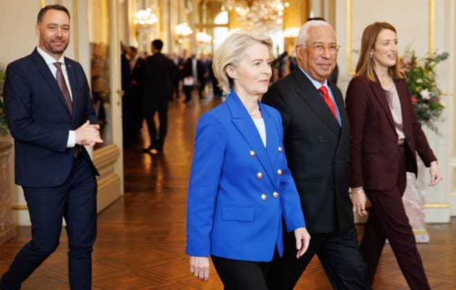 Belgian Foreign Minister Maxime Prevot, European Commission president Ursula Von der Leyen, European Council President Antonio Costa and European Parliament President Roberta Metsola pictured prior to a reception for the heads of European institutions and permanent representatives accredited to the European Union, at the Royal Palace, in Brussels, on Tuesday 13 January 2026.  BENOITxDOPPAGNE 155581321