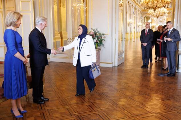 Queen Mathilde of Belgium, King Philippe - Filip of Belgium and Head of the Mission of the Kingdom of Saudi Arabia to the European Union Haifa Al Jedea pictured during a reception for the heads of European institutions and permanent representatives accredited to the European Union, at the Royal Palace, in Brussels, on Tuesday 13 January 2026.  BENOITxDOPPAGNE 155585182