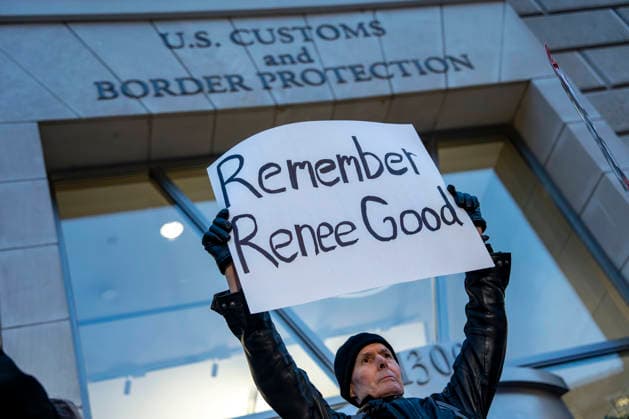 Protestors participate in a Tell Congress: ICE Out For Good rally and vigil at the Customs and Border Protection Headquarters in Washington, DC on Tuesday, January 13, 2026. The protestors demonstrated for justice for Rene Good, a mother was killed by an Immigration and Customs Enforcement (ICE) agent last week in Minnesota, and for the removal of ICE agents from streets.  WAP20260113365 BONNIExCASH