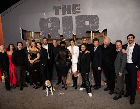 Dani Bernfeld, Luciana Damon, Steven Yeun, Ted Sarandos, Catalina Sandino Moreno, Sasha Calle, Ben Affleck, Matt Damon, Teyana Taylor, Lina Esco, Bela Bajaria, Kyle Chandler, Dan Lin, Joe Carnahan and Ori Marmur arrive on the red carpet for the Netflix s The Rip New York Premiere on Tuesday, January 13, 2026 at Alice Tully Hall, Lincoln Center in New York City. NYP20260113650 SERENAxXUxNING