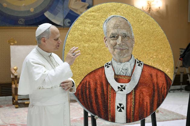 Mosaic Portrait of Pope Leo XIV for St. Paul Outside the Walls Basilica - Vatican In keeping with tradition, the Vatican Mosaic Studio shows the mosaic portrait of Pope Leo XIV destined for the Basilica of St. Paul Outside the Walls (Rome) on January 14, 2026, Vatican. In accordance with the ancient tradition that accompanies the election of every Pope, just over eight months after the election of Pope Leo XIV, the Vatican Mosaic has completed the mosaic portrait destined for the Basilica of Saint Paul Outside the Walls in Rome. The mosaic roundel, with a diameter of 137 centimeters, was created using glass enamels and gold on a metal structure at the studio of the Fabric of Saint Peter. The work will be installed in the space next to the p  Copyright: xABACAx